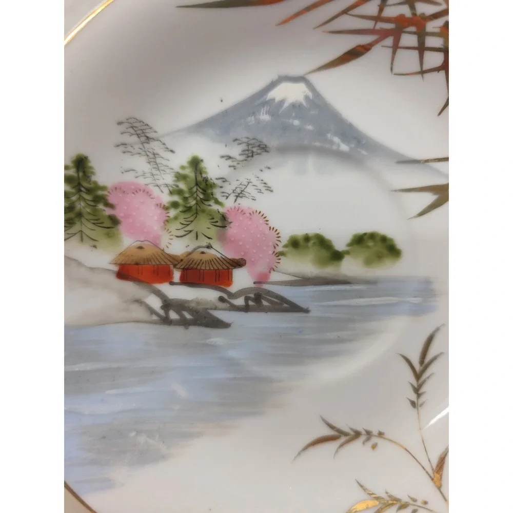 Vintage MCM Mount Fuji Set Of 2 Japanese Kutani Porcelain Saucers Hand Painted